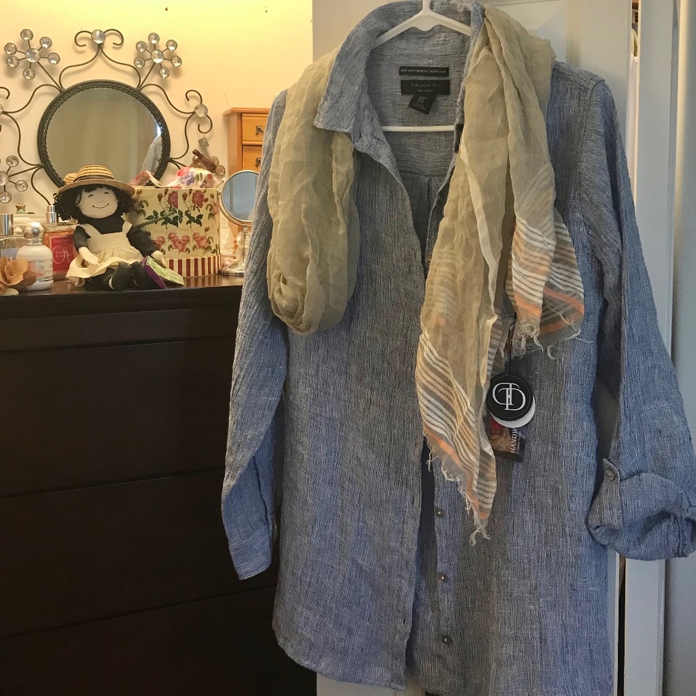 TAHARI SZ M 100%LINEN light blue flax